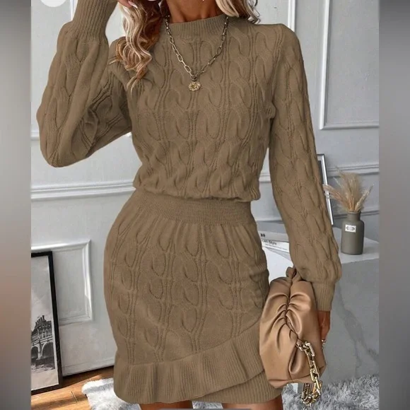 Cozy coffee brown ruffle hem cable knit sweater dress - Picture 2 of 16